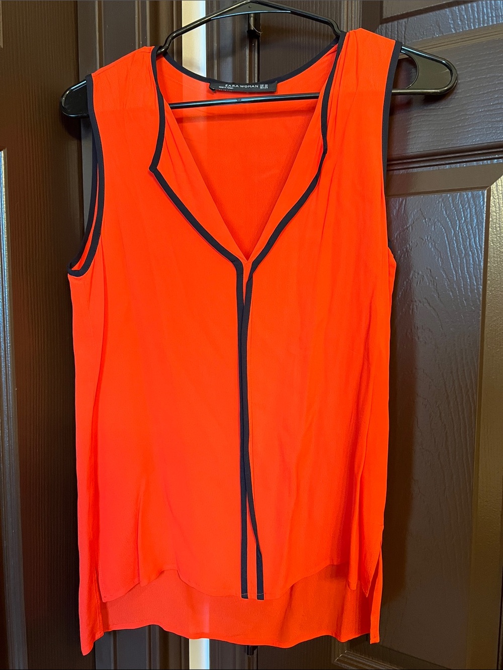 Zara Bright Red/Orange Sleeveless V-Neck Cami with Black Trim